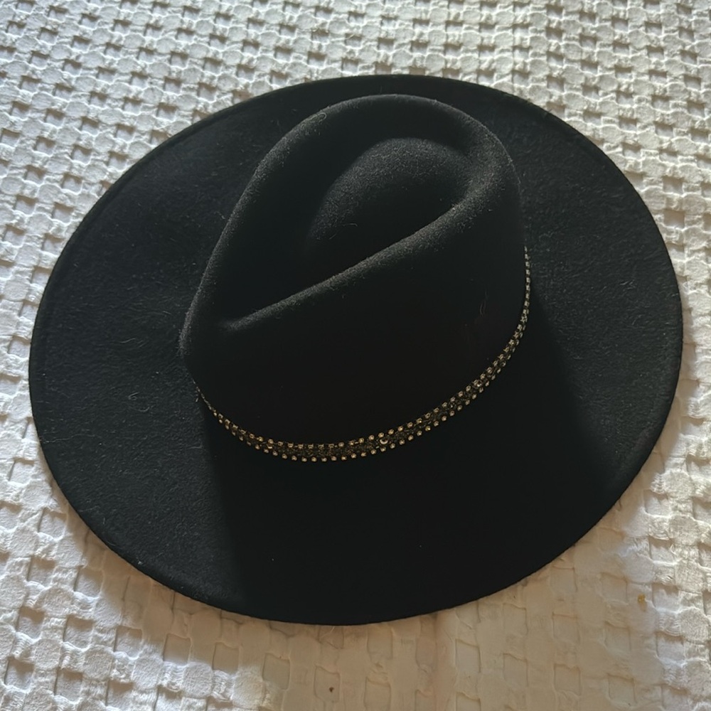 Black brim hat with rhinestone trim
